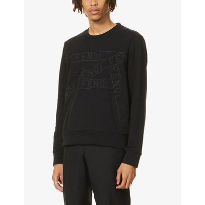 Fendi Brand-tape Crewneck Cotton-blend Sweatshirt In Black