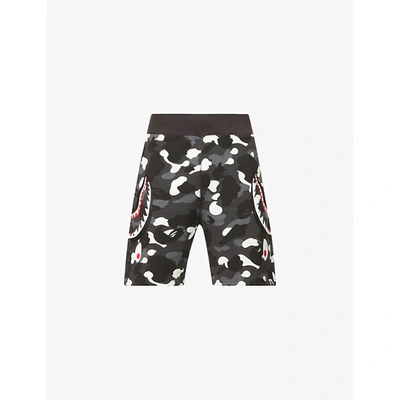 A Bathing Ape Camo And Shark-print Cotton-jersey Shorts In Black