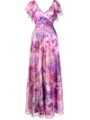 Marchesa Notte Cape-effect Bow-embellished Floral-print Chiffon Gown In Rosa