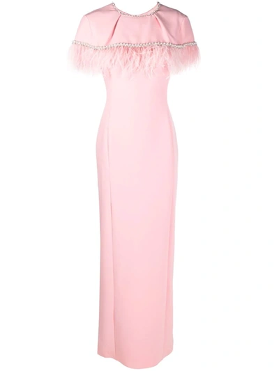 Jenny Packham Cape-effect Feather-trim Gown In Rosa