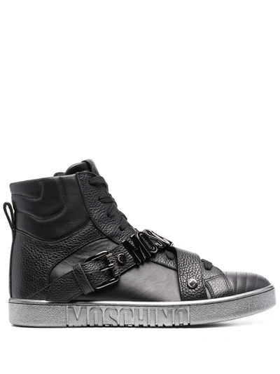 Moschino Men's Metal Logo Zip High-top Sneakers In Black