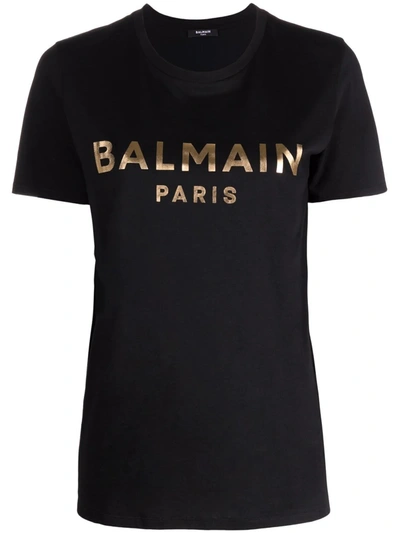 Balmain Cotton T-shirt With Gold Colored Logo Print In Black Gold