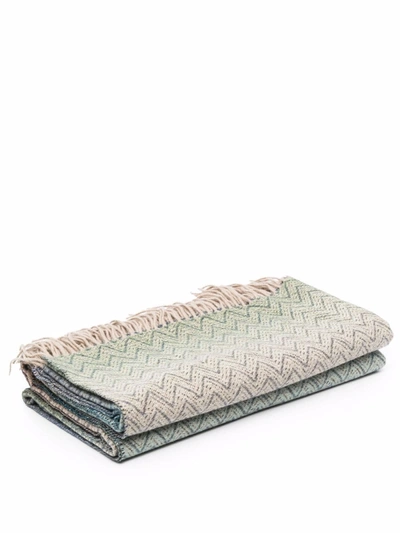 Missoni Zigzag-embroidered Wool-blend Blanket In Green