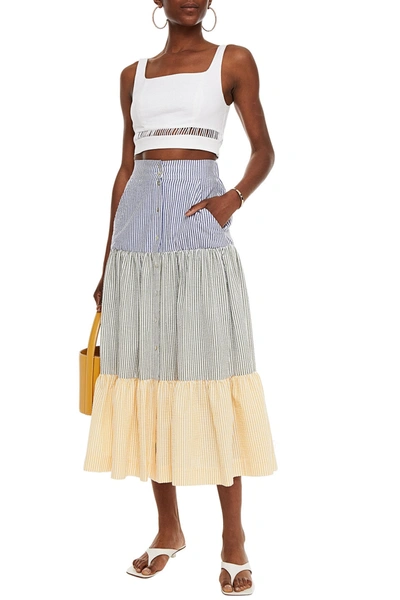 Paloma Blue Kennedy Gathered Colour-block Seersucker Midi Skirt In Green