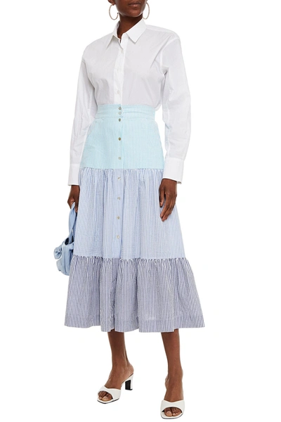 Paloma Blue Kennedy Gathered Colour-block Seersucker Midi Skirt In Blue