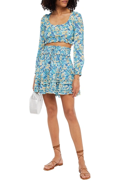 Paloma Blue Maya Pleated Ruffled Floral-print Crepe De Chine Mini Skirt In Blue