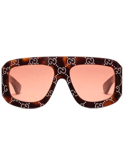 Gucci Gg Pattern Tortoiseshell Shield-frame Sunglasses In Orange