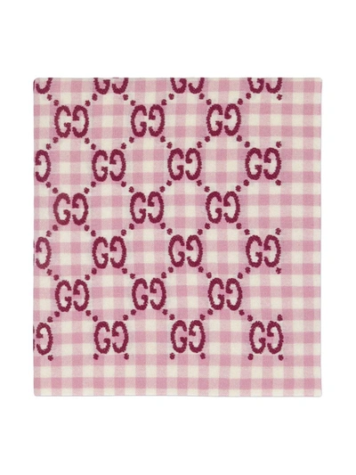 Gucci Embroidered-logo Check-print Blanket In Pink