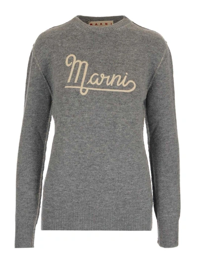 Marni Logo Embroidered Wool Sweater In Grey