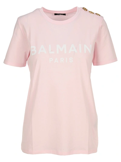 Balmain Logo-printed Cotton T-shirt W/ Shoulder Buttons In Pink