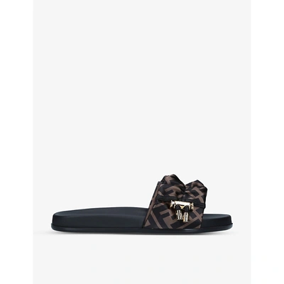 Fendi Black Brown Ff Vertigo Satin Slides In Brown Black