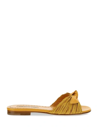 Manolo Blahnik Notamu Bow-detailed Plissé-satin And Leather Slides In Yellow