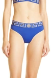 Versace Triangle Bikini Bottoms W/ Greek Motif In Lapis