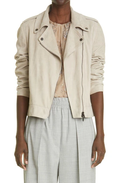 Brunello Cucinelli Asymmetric Moto Leather Jacket W/ Monili Trim In Taupe