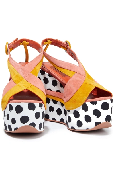 Missoni Two-tone Suede And Polka-dot Satin Wedge Slingback Sandals In Salmon Pink