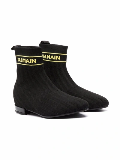 Balmain Teen Logo-knit Almond-toe Ankle Boots In Black