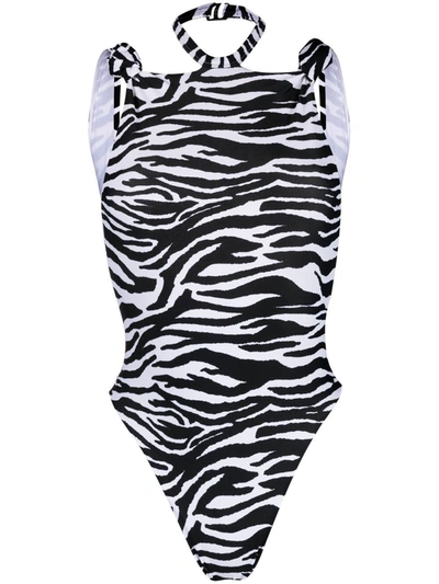 Attico Halterneck Knotted Zebra-print Swimsuit In White