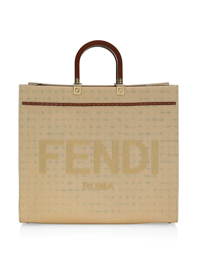 Fendi Sunshine Medium Leather-trimmed Embroidered Canvas Tote In Beige