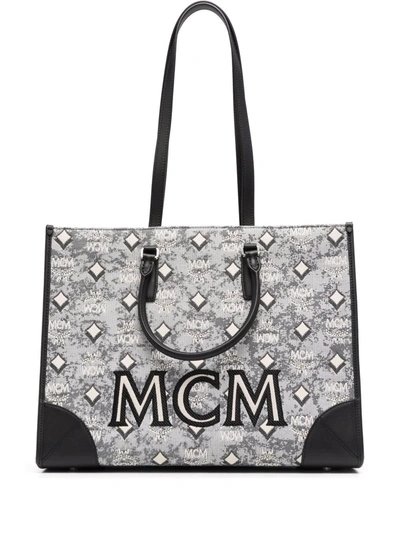 Mcm Large Monogram Jacquard Tote Bag In White/black