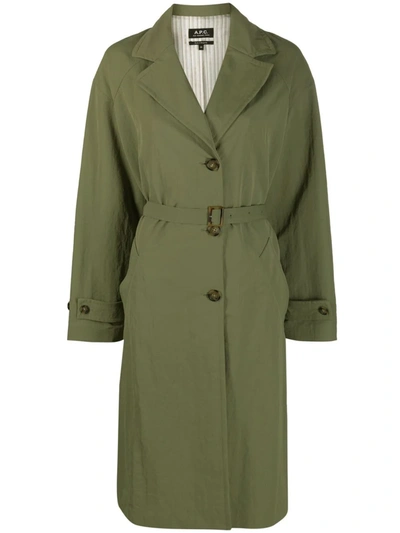 Apc Belted Single-breasted Coat In Grün