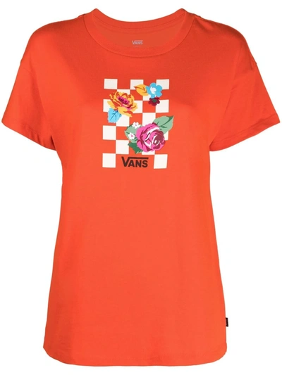 Vans Floral Checkerboard Logo T-shirt In Orange