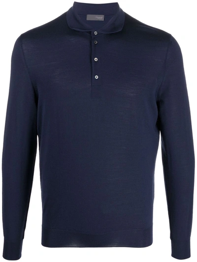 Drumohr Long-sleeved Merino Polo Shirt In Blau