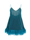 Oseree Lumière Feather-trimmed Stretch-lurex Mini Dress In Blue