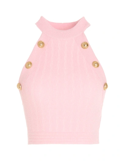 Balmain Ribbed-knit Halterneck Top In Pink
