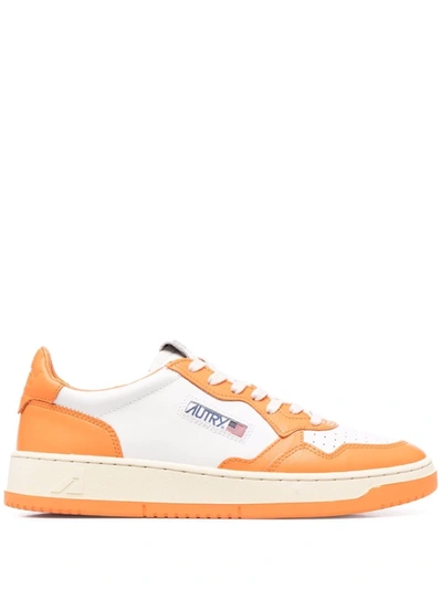Autry White And Orange Leather Sneakers With Logo In Bianco