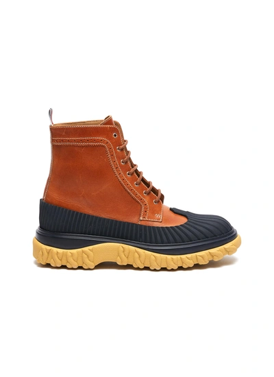 Thom Browne Camel Calf Leather Rubber Sole Longwing Duck Boot In Brown