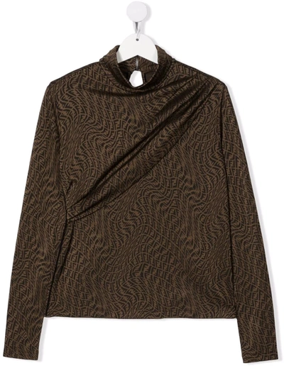 Fendi Kids' Monogram-print Long-sleeve Top In Marrone