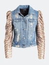 L2R THE LABEL L2R THE LABEL PUFF SLEEVES UPCYCLED DENIM JACKET WITH TAN SEQUINED SLEEVES