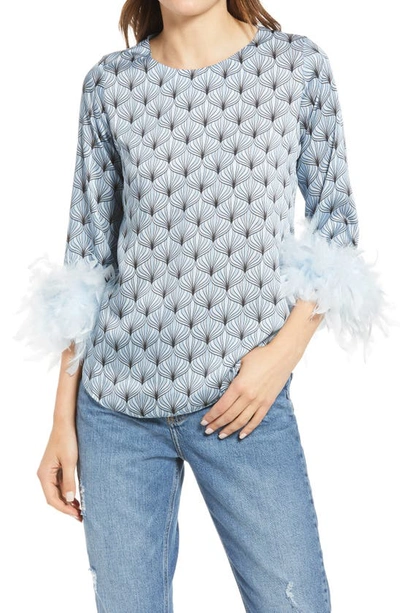 River Island Geo Print Feather Cuff Top In Blue