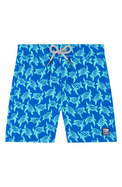 Tom & Teddy Kids' Turtle Print Swim Trunks In Blue Ice Green