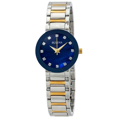 Bulova Modern Diamond Blue Mother Of Pearl Dial Ladies Watch 98p157 In Two Tone  / Blue / Gold Tone / Mother Of Pearl / Yellow