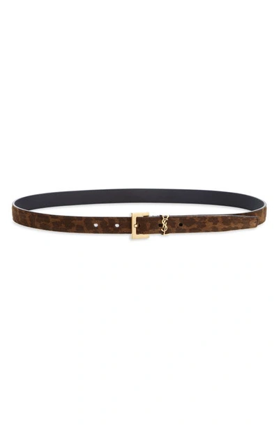 Saint Laurent Ysl 20mm Leopard-print Suede Leather Logo Belt In Brown Mult