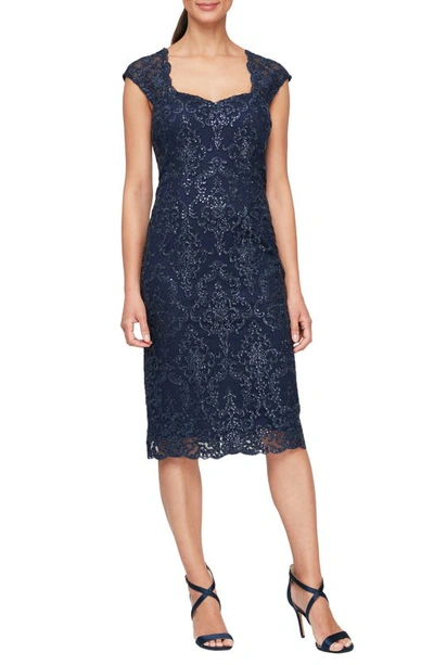 Alex Evenings Sequin Lace Illusion Yoke Cocktail Dress In Navy