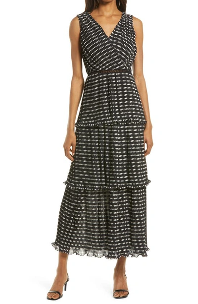 Lulus Do-si-do Sleeveless Pleated Tiered Dress In Black Polka Dot