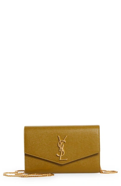 Saint Laurent Uptown Pebbled Calfskin Leather Wallet On A Chain In Olive Drab