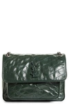 Saint Laurent Niki Medium Crinkled Calf Flap-top Shoulder Bag In New Vert Fonce