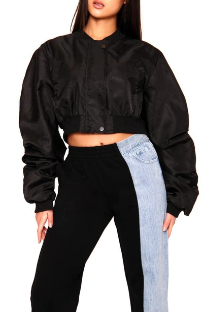 Absence Of Colour Millie Crop Satin Bomber Jacket In Black