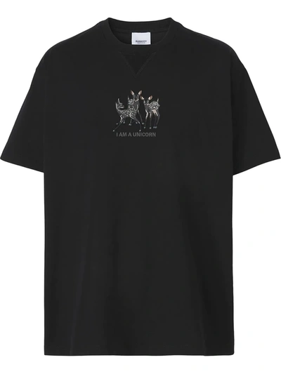 Burberry Cotton Embroidered Deer T-shirt In Black