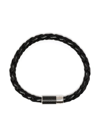 Tateossian Woven Leather, Silver-tone And Carbon Fibre Bracelet In Black