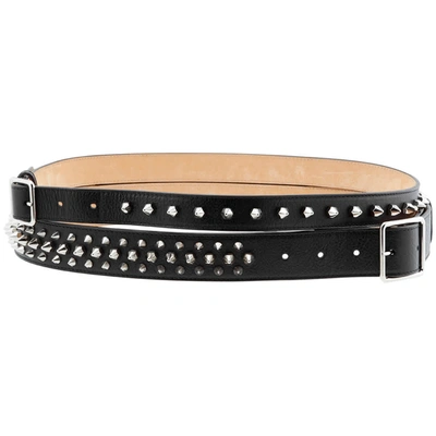 Alexander Mcqueen Studded Double Black Calf Leather Belt In Black,silver Tone