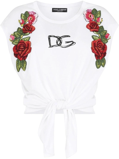 Dolce & Gabbana Raffia Embroidered Self-tie Cotton Crop Top In White