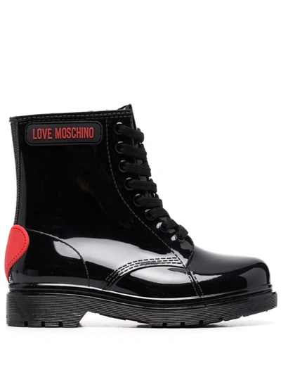 Love Moschino Lace-up Boots In Glossy Finish With Logo Patch In Black