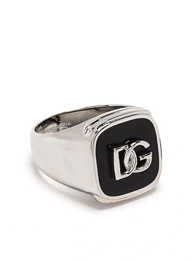 Dolce & Gabbana Debossed Logo Signet Ring In Silber