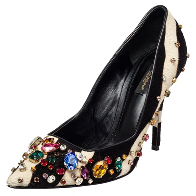 Pre-owned Dolce & Gabbana Black/white Leather And Calf Hair Bellucci Crystal Embellished Pumps Size 37.5