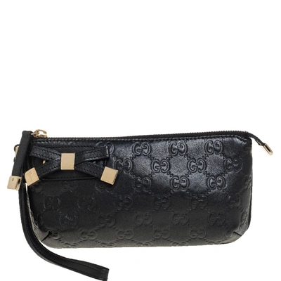 Pre-owned Gucci Ssima Leather Princy Wristlet Clutch In Black