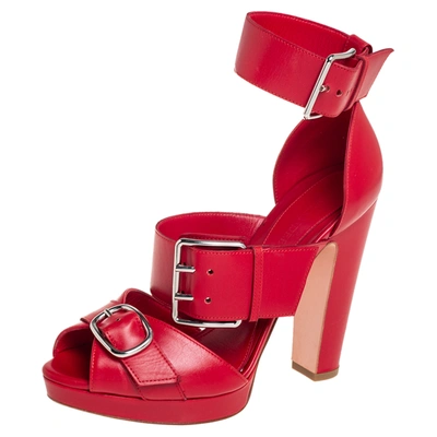 Pre-owned Alexander Mcqueen Red Leather Buckle Detail Ankle Cuff Sandals Size 38